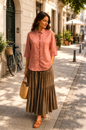 Cămașă damă bej închis din in cu nasturi decorativi [2]
