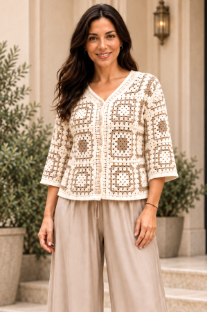 TOATE PRODUSELE - Cardigan croșetat bej-bej închis din bumbac