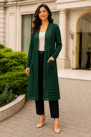 Cardigan lung verde croșetat cu buzunare [3]