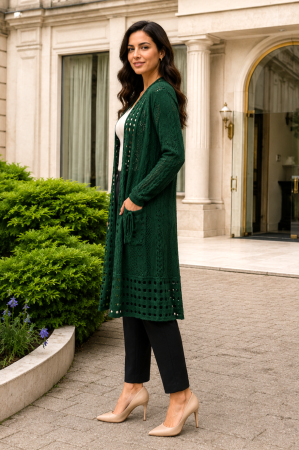 Cardigan lung verde croșetat cu buzunare [1]