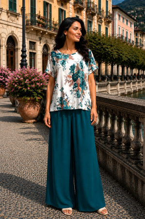 Compleu damă verde cu bluză imprimată floral și pantaloni largi [4]