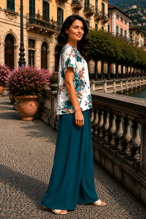 Compleu damă verde cu bluză imprimată floral și pantaloni largi [1]