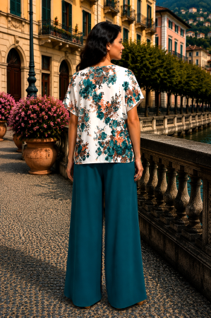 Compleu damă verde cu bluză imprimată floral și pantaloni largi [2]
