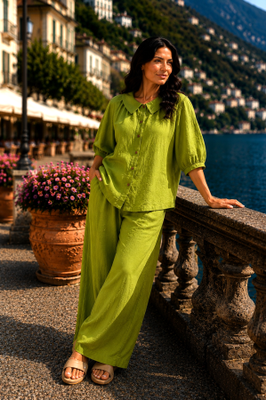TOATE PRODUSELE - Compleu damă verde din in cu pantaloni largi si cămașă cu guler