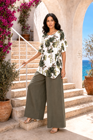 TOATE PRODUSELE - Compleu damă kaki din vâscoză cu bluză imprimată floral și pantaloni largi