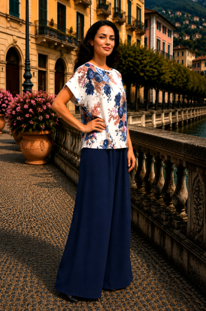 TOATE PRODUSELE - Compleu damă albastru cu bluză imprimată floral și pantaloni largi