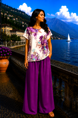 Compleu damă magenta cu bluză imprimată floral și pantaloni largi [1]