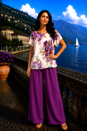 TOATE PRODUSELE - Compleu damă magenta cu bluză imprimată floral și pantaloni largi