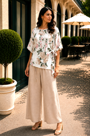 Compleu damă din vâscoză cu bluză imprimată floral și pantaloni largi [1]