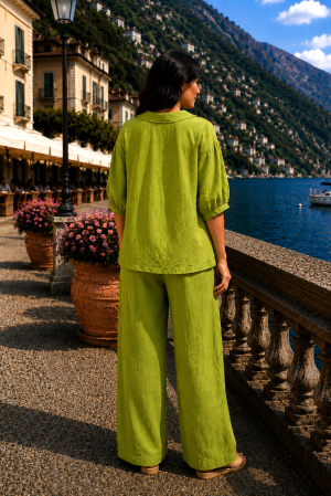 Compleu damă verde din in cu pantaloni largi si cămașă cu guler [2]