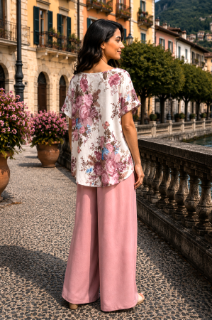 Compleu damă roz cu bluză imprimată floral și pantaloni largi [3]