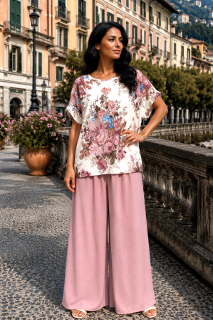 TOATE PRODUSELE - Compleu damă roz cu bluză imprimată floral și pantaloni largi