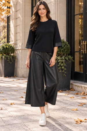 TOATE PRODUSELE - Compleu negru damă casual cu bluză și pantaloni largi din piele