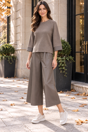 TOATE PRODUSELE - Compleu grej damă casual cu bluză și pantaloni largi din piele