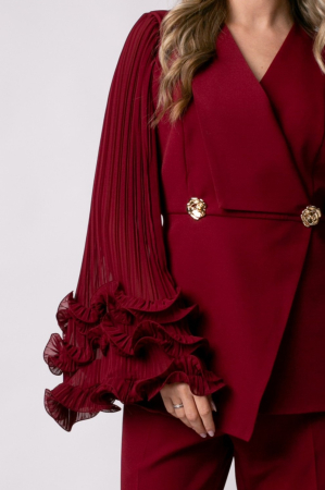 Costum elegant vișiniu cu mâneci accesorizate cu volane [3]