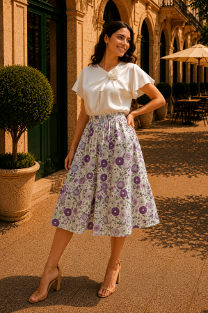 Fustă midi albă cu imprimeu floral lila [2]
