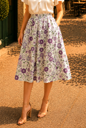 TOATE PRODUSELE - Fustă midi albă cu imprimeu floral lila