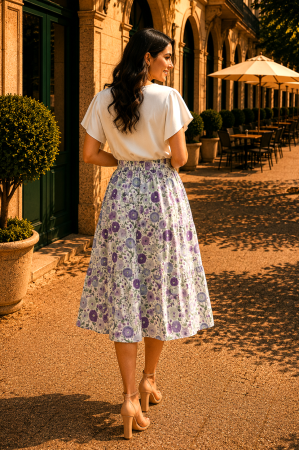 Fustă midi albă cu imprimeu floral lila [4]