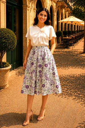 Fustă midi albă cu imprimeu floral lila [1]