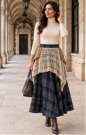 Fustă lungă bleumarin boho mărime universală din stofă în carouri cu inserție croșetată [1]