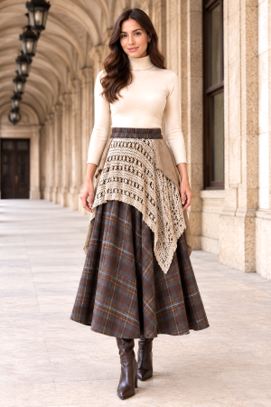 Fustă lungă maro boho mărime universală din stofă în carouri cu inserție croșetată [2]