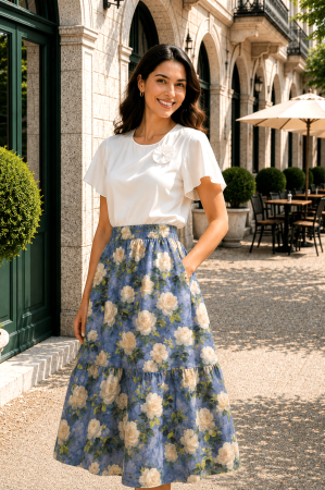 COLECȚIE NOUĂ - Fustă midi cu imprimeu floral bej