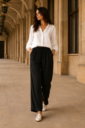 COLECȚIE NOUĂ - Pantalon largi negrii din vâscoză și mătase
