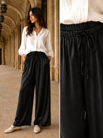 Pantalon largi negrii din vâscoză și mătase [1]