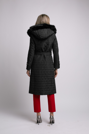 Geacă neagră din fâș cu glugă accesorizată cu blană [3]