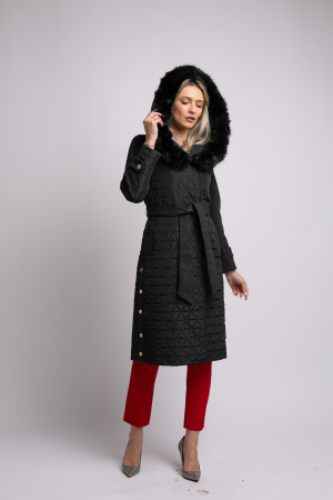 Geacă neagră din fâș cu glugă accesorizată cu blană [1]