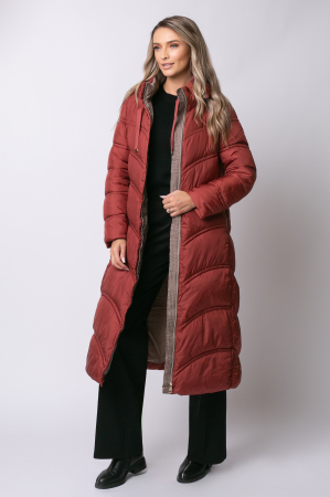 Geacă lungă căramizie de iarnă, matlasată cu glugă detașabilă [2]