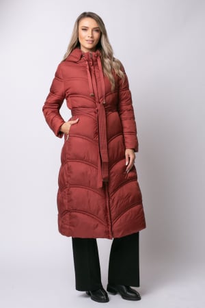Geacă lungă căramizie de iarnă, matlasată cu glugă detașabilă [5]