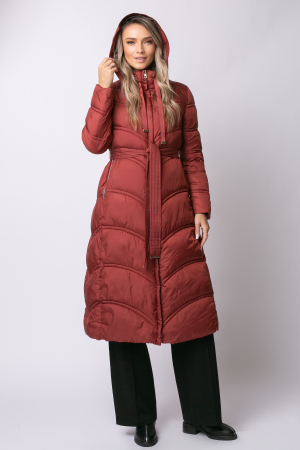Geacă lungă căramizie de iarnă, matlasată cu glugă detașabilă [1]