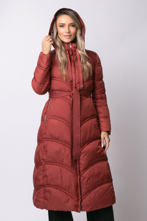 Geacă lungă căramizie de iarnă, matlasată cu glugă detașabilă [6]