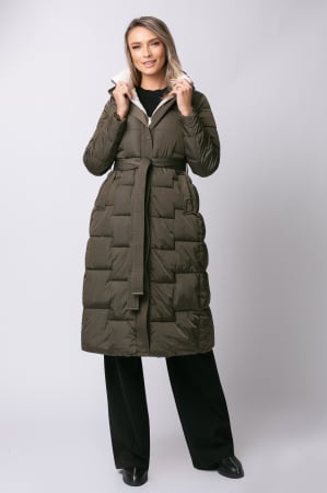 Geacă lungă kaki de iarnă, matlasată cu glugă [1]