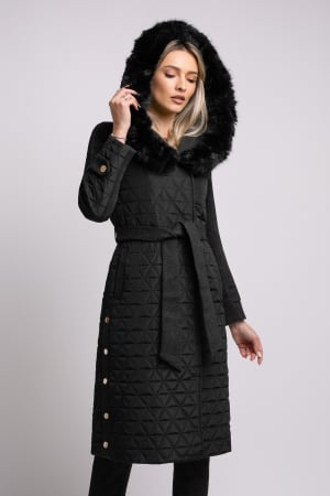 COLECȚIE NOUĂ - Geacă neagră din fâș cu glugă accesorizată cu blană