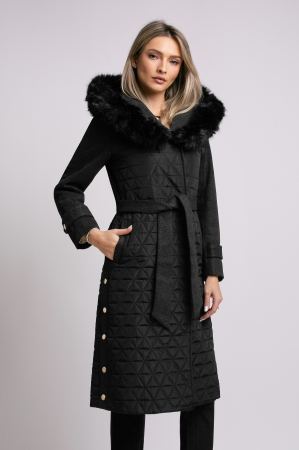 Geacă neagră din fâș cu glugă accesorizată cu blană [4]