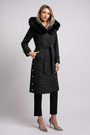 Geacă neagră din fâș cu glugă accesorizată cu blană [1]