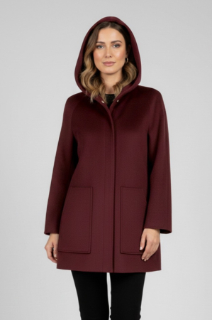 PULOVER DAMĂ - Haină scurtă Viada bordo din lână cu glugă
