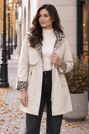 Jachetă lungă bej cu glugă detașabilă și detalii animal print [1]