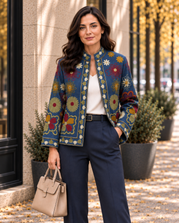 ȚINUTE OFFICE - Jachetă bleumarin din denim brodată de toamnă-primăvară
