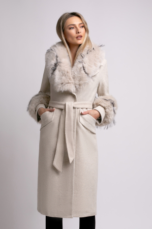 Palton bej din lână cu blană detașabilă la guler și mâneci [5]