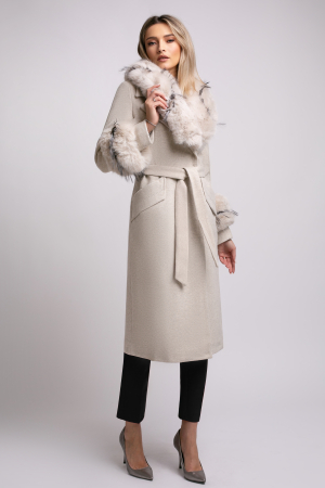 Palton bej din lână cu blană detașabilă la guler și mâneci [4]