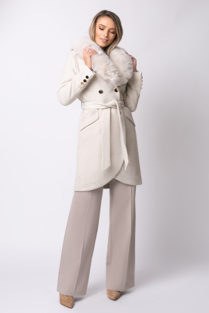 Palton bej din lână cu blană la guler [1]