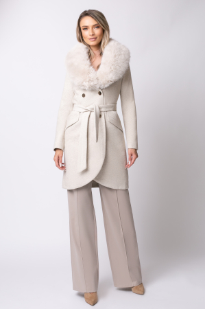 Palton bej din lână cu blană la guler [4]