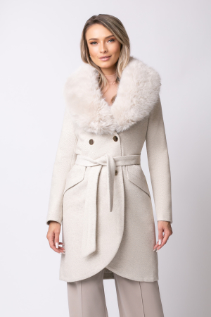 PALTOANE - Palton bej din lână cu blană la guler