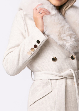 Palton bej din lână cu blană la guler [3]