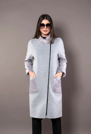 PALTOANE - Palton Brenda gri din lână accesorizată cu fâș