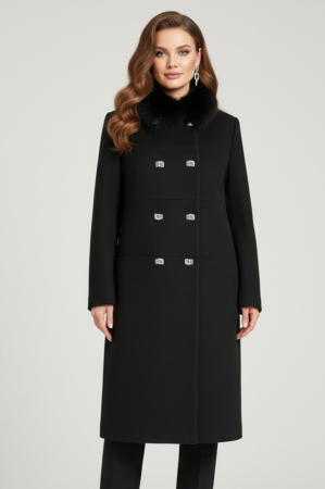 COLECȚIE NOUĂ - Palton Viada negru din lână cu guler detașabil din blană naturală