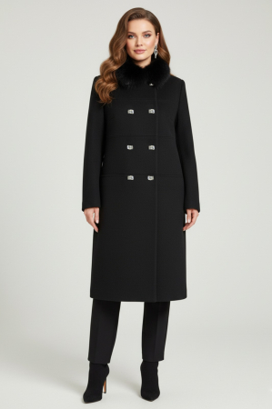 Palton Viada negru din lână cu guler detașabil din blană naturală [2]